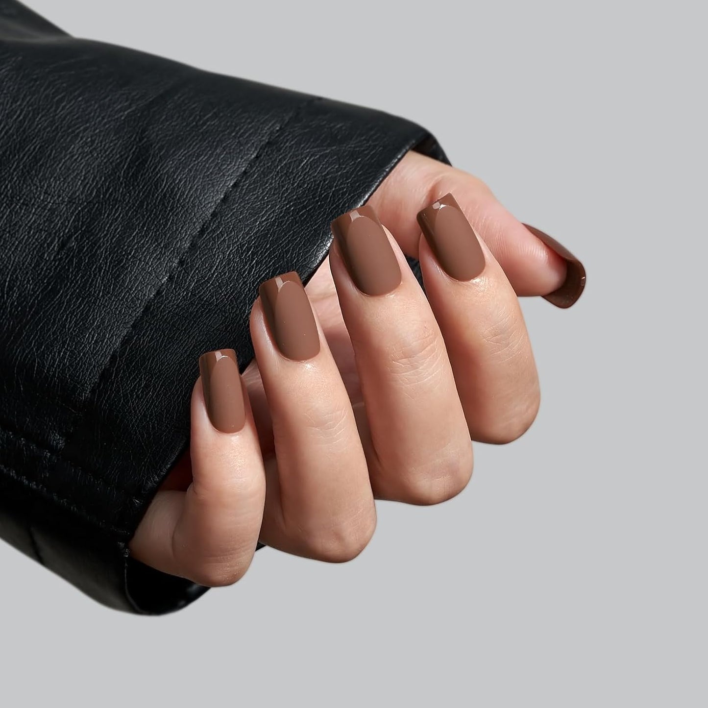 BTArtbox Press on Nails Short Square - Dark Brown Nails with Glossy French Tips in a Matte Finish, Soft Gel Fake Nails Glue On Nails in 16 Sizes for Gift, Coffee Toffee