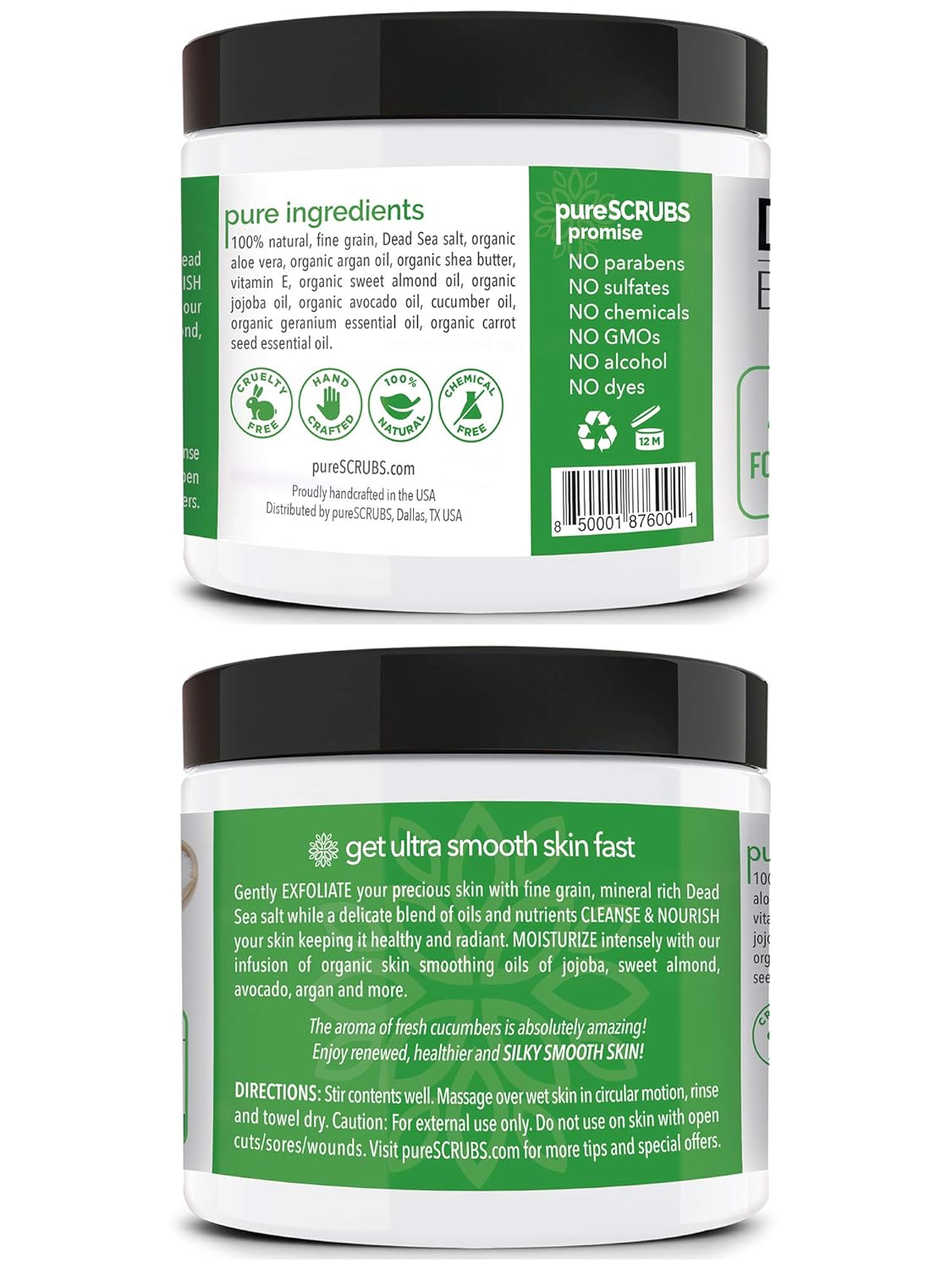 pureSCRUBS Premium Cucumber Body Scrub Set - Large 16oz Dead Sea Salt Body Scrub for Women Exfoliation KP Bump Eraser Body Scrub Includes Wooden Spoon, Loofah & Soap