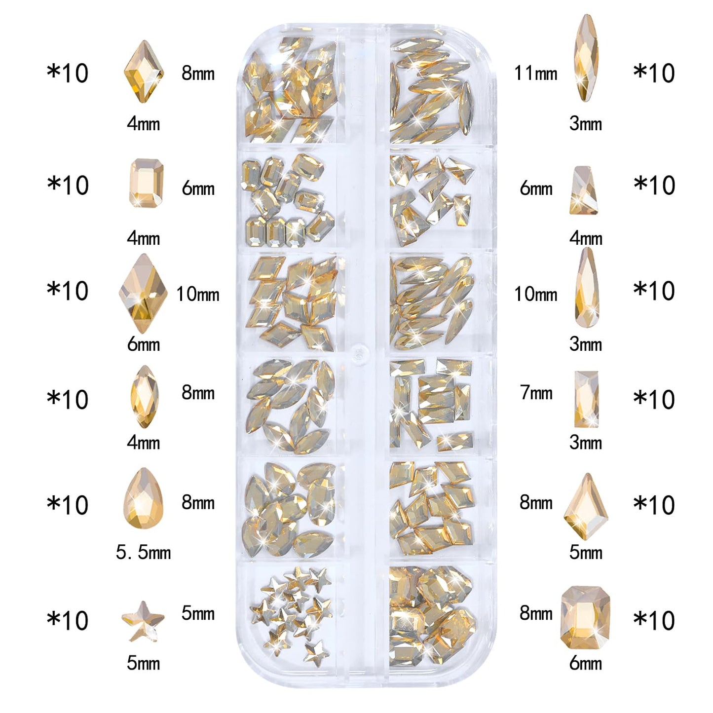 HNUIX Nail Rhinestones - 3D Multi Shape Size Crystal, Champagne Gold Nail Gems, Flat Back, with Kit, for Nail Art, DIY Decorations