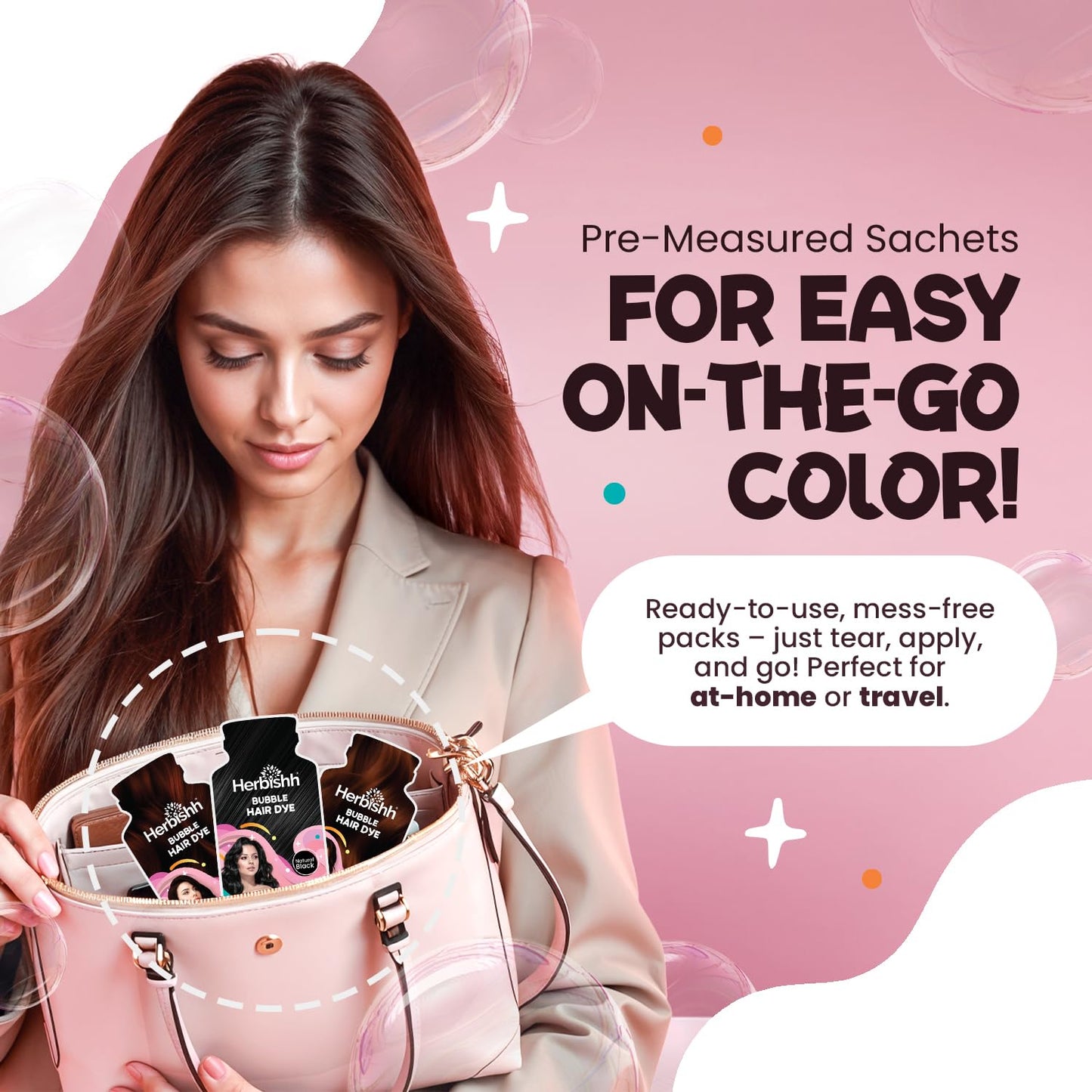 Herbishh Bubble Foam Hair Dye Shampoo, 3 in 1 Dye for 100% Grey Coverage, Permanent Hair Coloring for Men & Women, Long-lasting & Travel-friendly, Ammonia-free, 10 Sachet x 24 ml (Chestnut Brown)