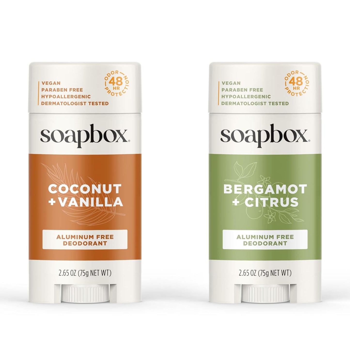 Soapbox Aluminum Free Deodorant, 2 Pack Bergamot & Citrus and Coconut & Vanilla Scented Deodorant, Scented Aluminum-Free Natural Deodorants, 2.65oz