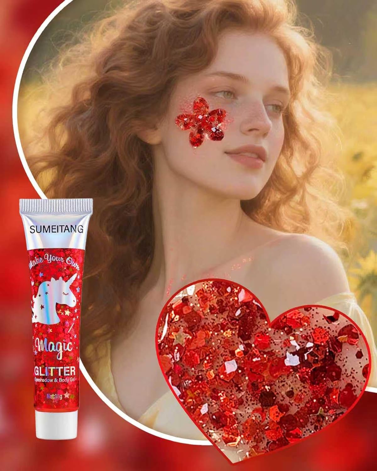 6PCS Red Face Body Glitter Gel，Holographic Chunky Sequins Body Glitter Paint for Party Singer Concerts Music Festival Rave Accessories for Girls Women Face Body DIY Sparkling Makeup