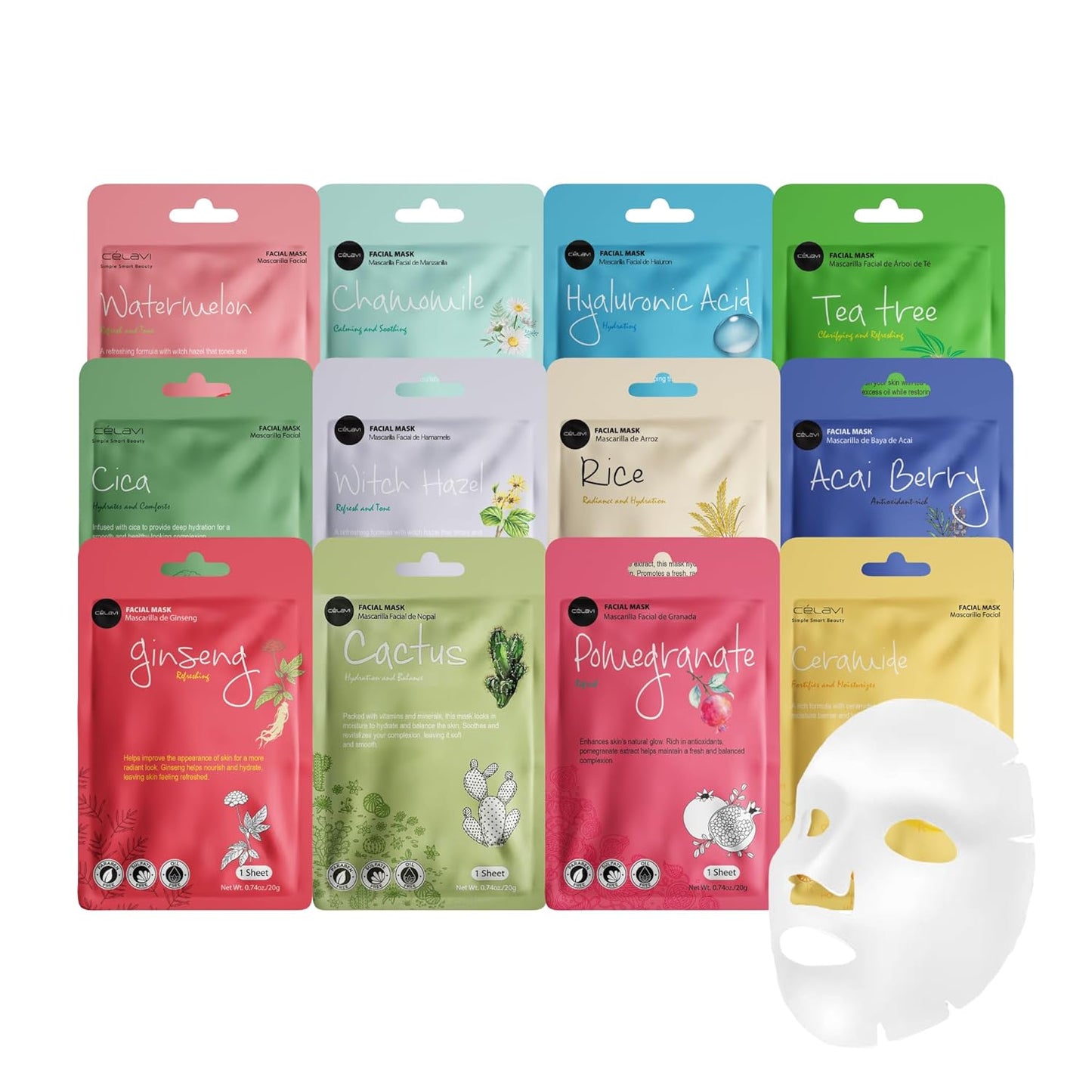 Celavi K-Beauty Skincare Essence Facial Face Mask Korea Skin Care Moisturizing C Set 12 Pack