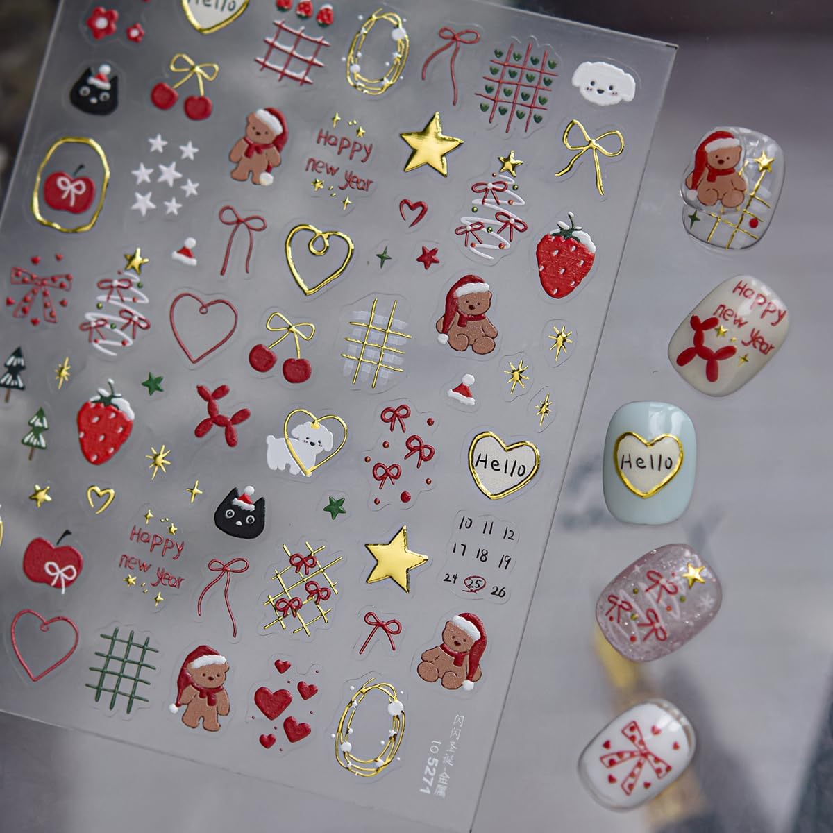 Bear Nail Stickers Christmas Nail Art Stickers Star Nail Decals with Red Gold Design 5d Embossed Self Adhesive Xmas Nails Charms for Women Girls Kid Manicure DIY Decoration