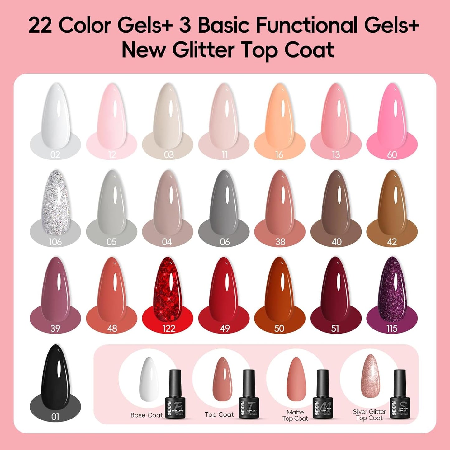Peacecolor 39pc Gel Nail Polish Kit with U V Light, Pink Brown Nude Dark Red 22 Colors Pastel Gel Polish Kit with Base Top Coat Matte Glossy French Nail Art for Beginners Manicure DIY