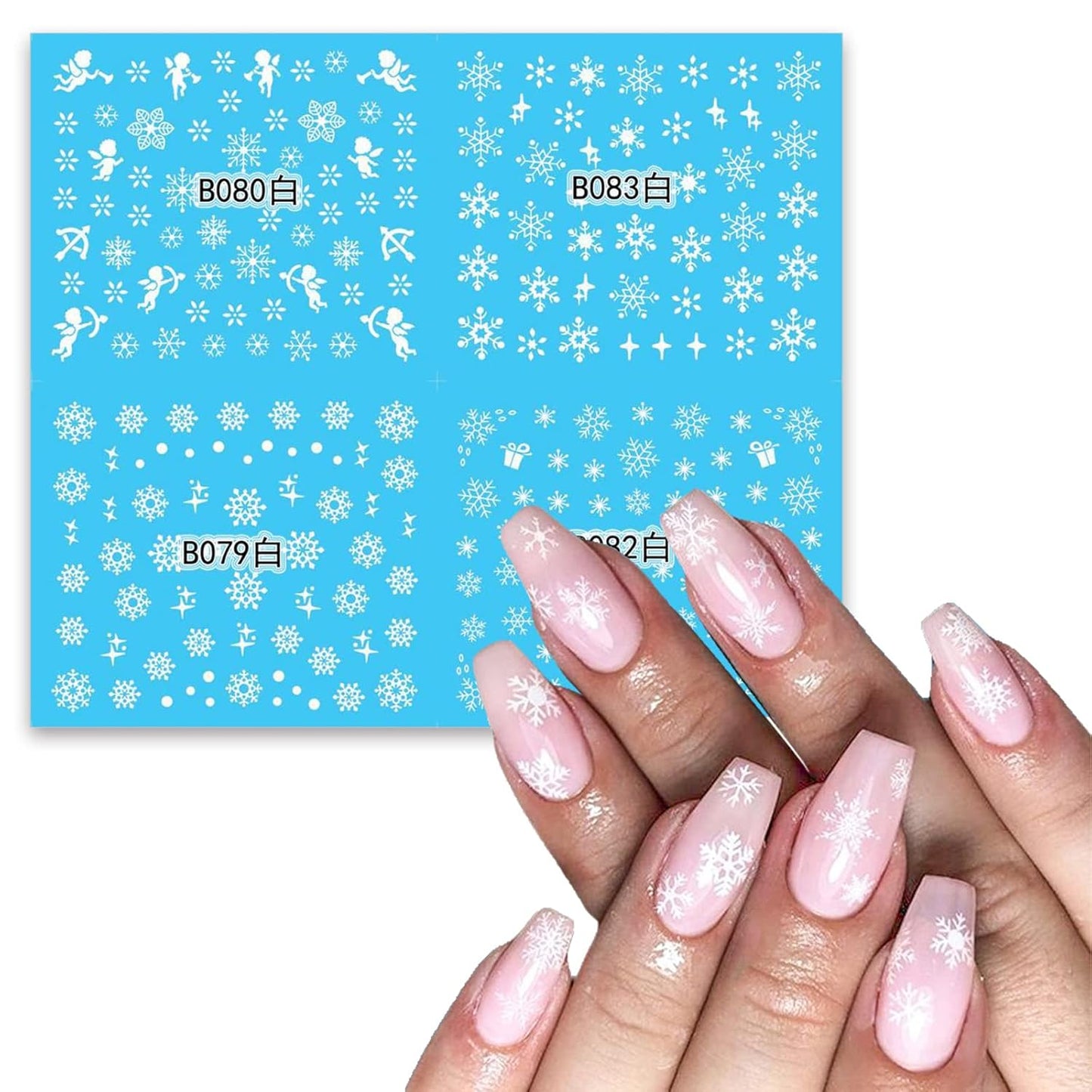 24 Sheets Christmas Nail Stickers Snowflake Nail Art Water Decals Transfer Nail Supplies Snowflake Angel Bell Elk Design Nail Tattoo Stickers for Women Girls Christams Nails Design Art Decoration