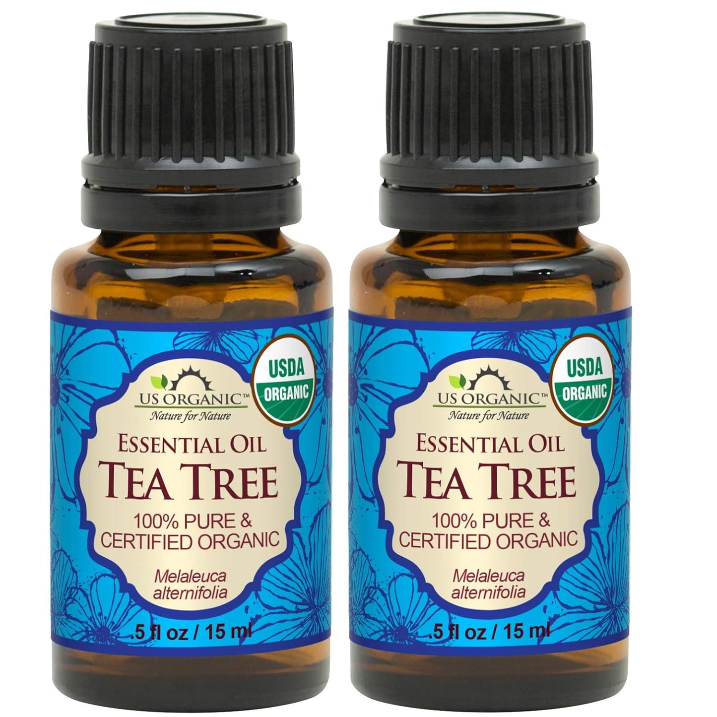 US Organic 100% Pure Tea Tree Essential Oil, Steam Distilled, USDA Certified Organic, for Hair, Skin, Scalp, Foot, Toenails, and More. Sourced from South Africa, Undiluted, Non-GMO (15 ml, 2 Pack)