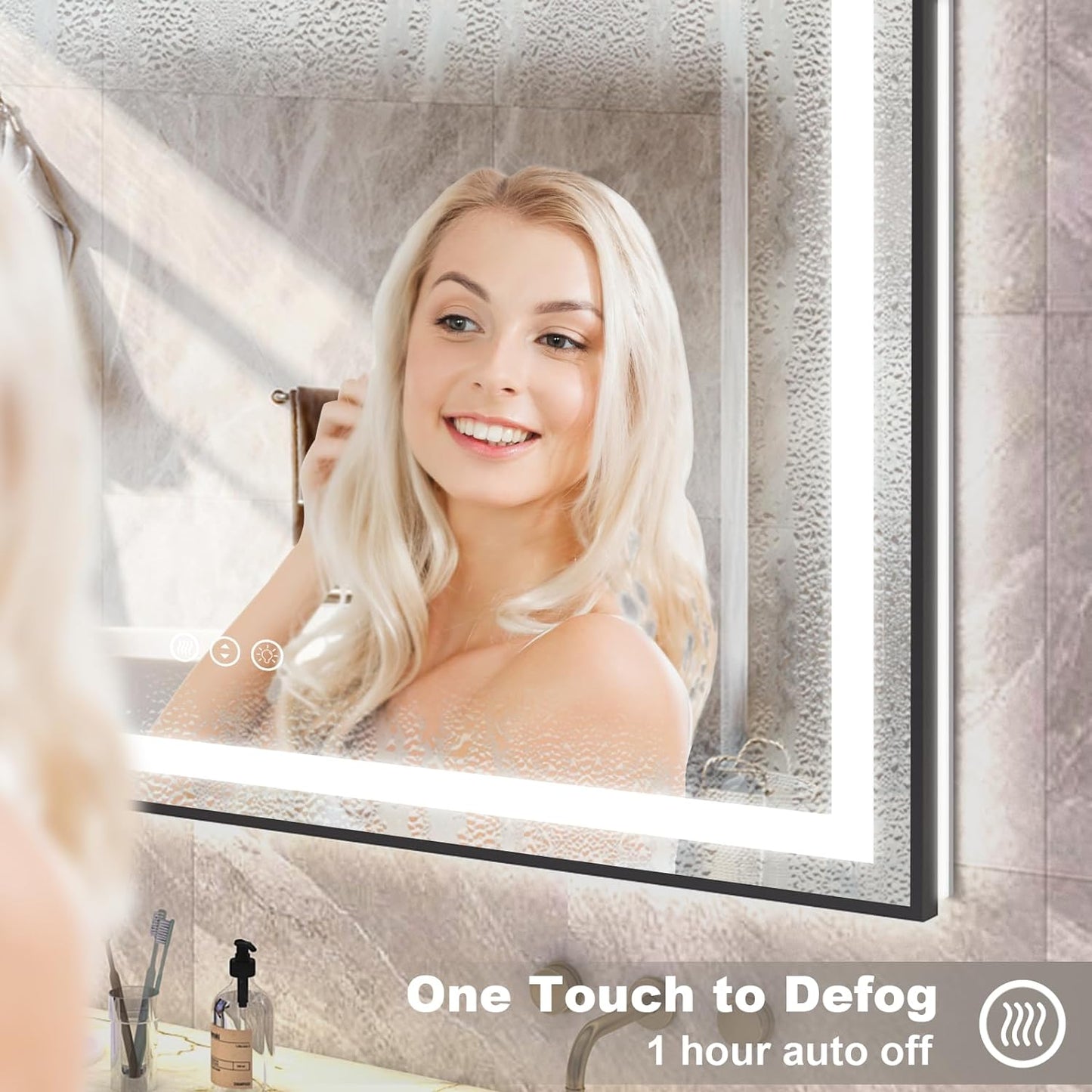 OKPAL 66x36 LED Bathroom Mirror with Lights, Frontlit & Backlit Lighted Bathroom Mirror, Black Lighted Bathroom Vanity Mirror, Anti-Fog, Dimmable 3 Colors, Shatterproof, Horizontal/Vertical