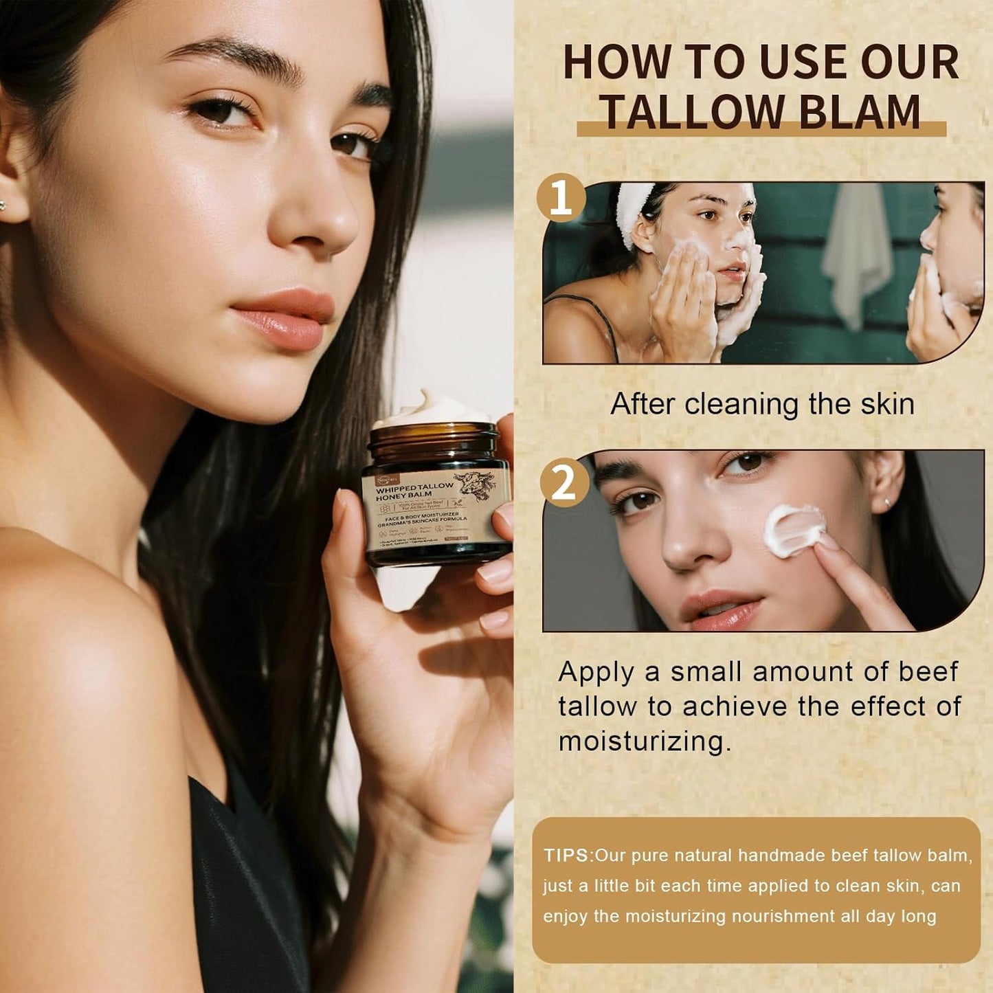 Beef Tallow for Skin, Beef Tallow Honey Balm-100% Organic Grass-Fed-handmade Whipped-Face & Body Moisturizer cream，with Manuka Wild Honey, Natural Skin Care for Sensitive, Dry Skin, Body Lotion. 2oz