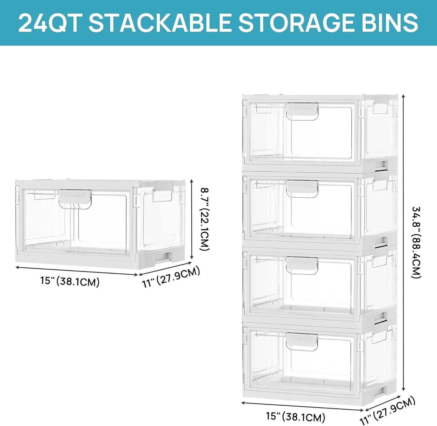 Vtopmart 2 Pack Stackable Storage Bins with Lids,24QT Clear Foldable Closet Organizer with Front-Open Doors,Plastic Storage Containers for Living Room, Bedroom, Craft Room, Dorm Organization