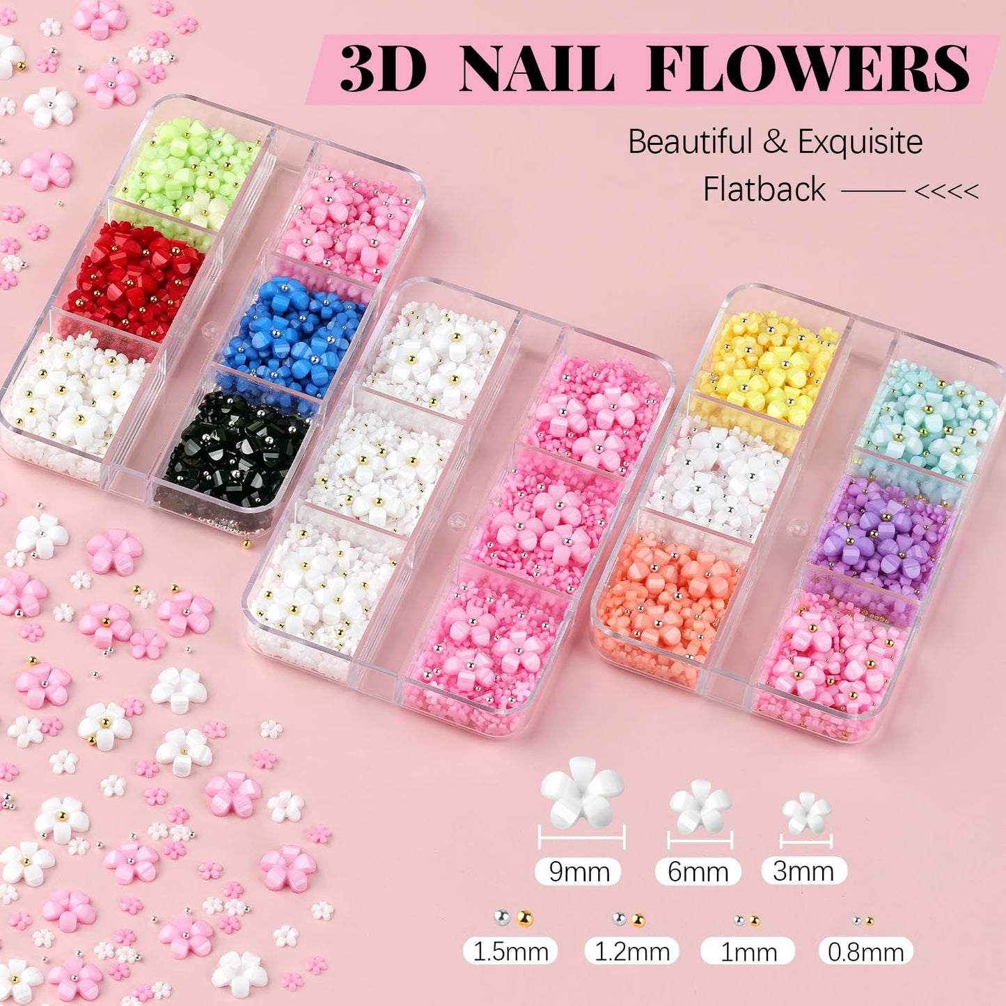 3D Flowers for Nails, Colorful Acrylic Flower Nail Charms with Caviar Beads, Rhinestones for Nails 3D Nail Charms for Acrylic Nails with Pickup & Dotting Tools for Manicure DIY Nail Art Decor