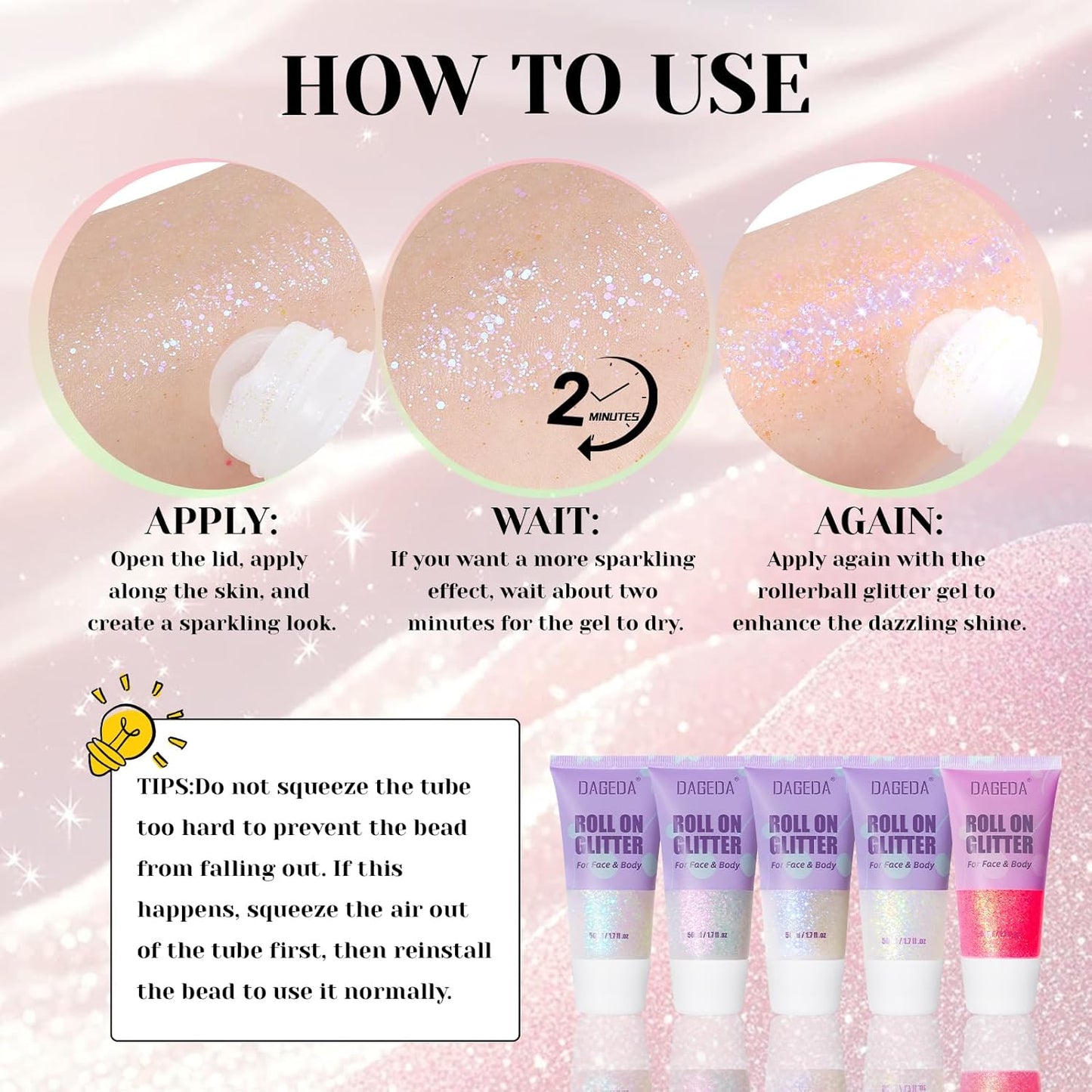 DAGEDA Roll-on Body Glitter,Holographic Eye Face Hair Glitter Gel for Festival Outfit Mermaid Accessories,Chameleon Color Body Shimmer Makeup Rave Outfits Accessories for Women 50ml(Dazzle)