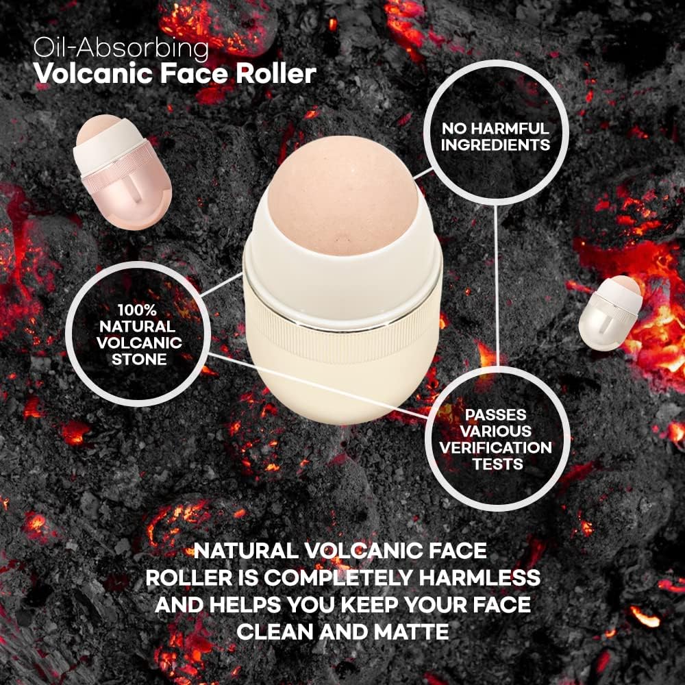 Korean Beauty Oil-Absorbing Volcanic Face Roller, Portable and Reusable Skincare Tool for Oily Skin, Shine Control, Oil Absorber tool for Face (Rose Gold)