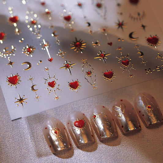 Heart Nail Art Stickers Red Nail Decals with Gold Design Star Moon Nail Sticker 5D Embossed Self Adhesive Nails Charms for Women Girls Kid Manicure Supply DIY Decoration Accessories