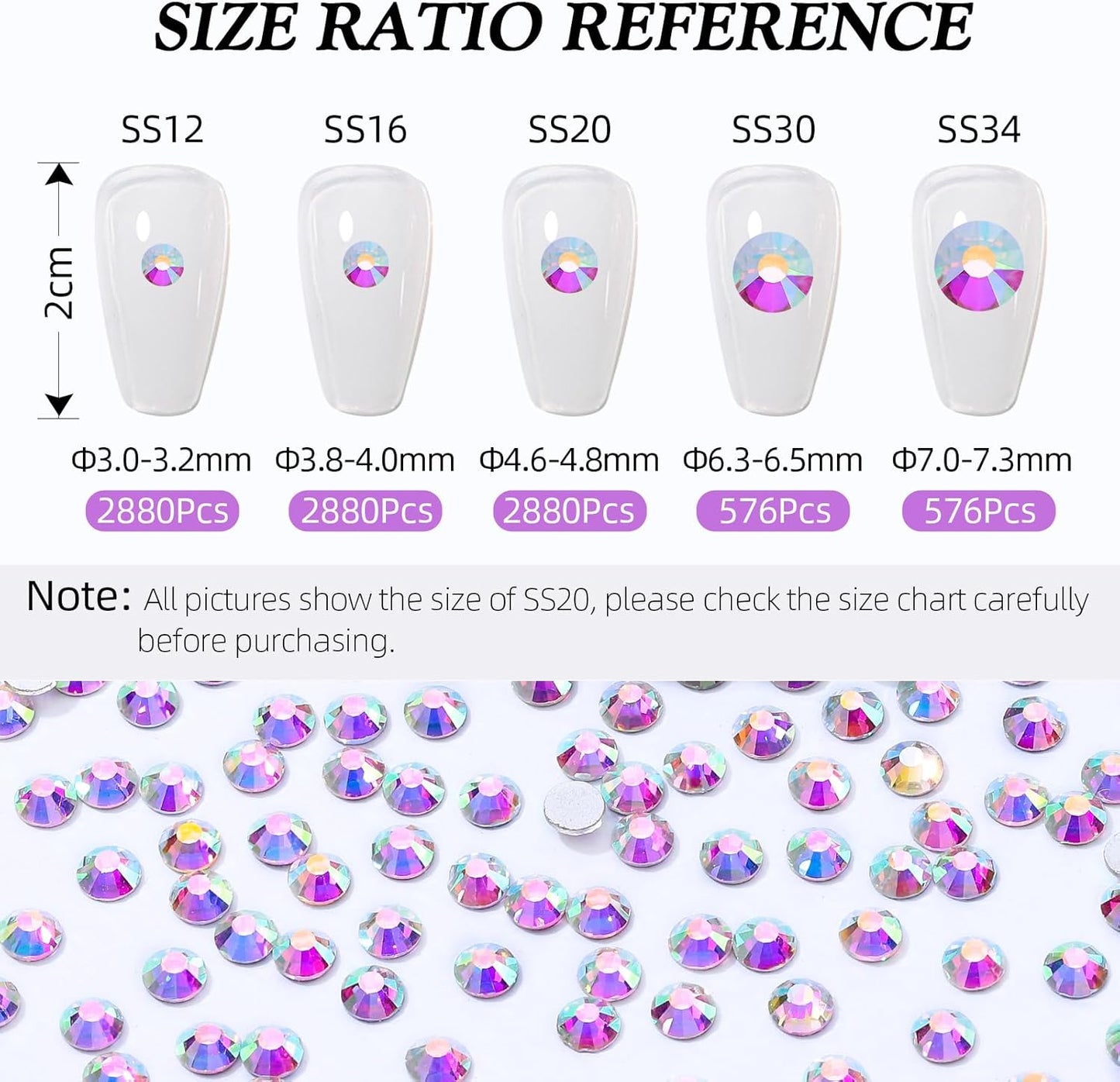 Crystal AB Flatback Rhinestones, Glass Rhinestones for Nail Art and Craft, Glue Fix, Loose Crystal Gemstones(Crystal AB, SS34, 576pcs, 7.1-7.3mm)