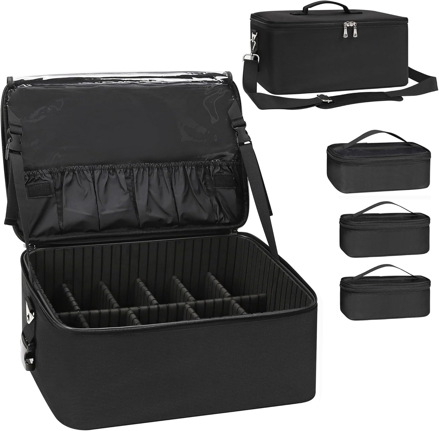Relavel Makeup Bag Large Makeup Case Professional Cosmetic Storage Organizer Box Brush Holder with 3 Clear Set Bags for Makeup Artists with Shoulder Strap & Adjustable Dividers