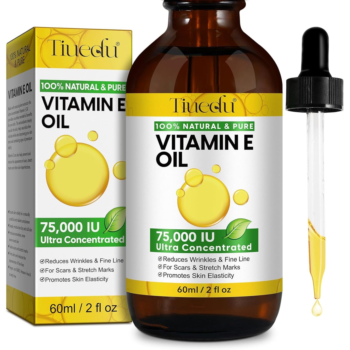 Tiuedu Natural Vitamin E Oil for Skin, 75,000 IU Ultra Concentrated Vitamin E Oil for Face, Hair and Scars, Moisturizing Dry Skin Oils, Promotes Skin Elasticity, 2Fl Oz