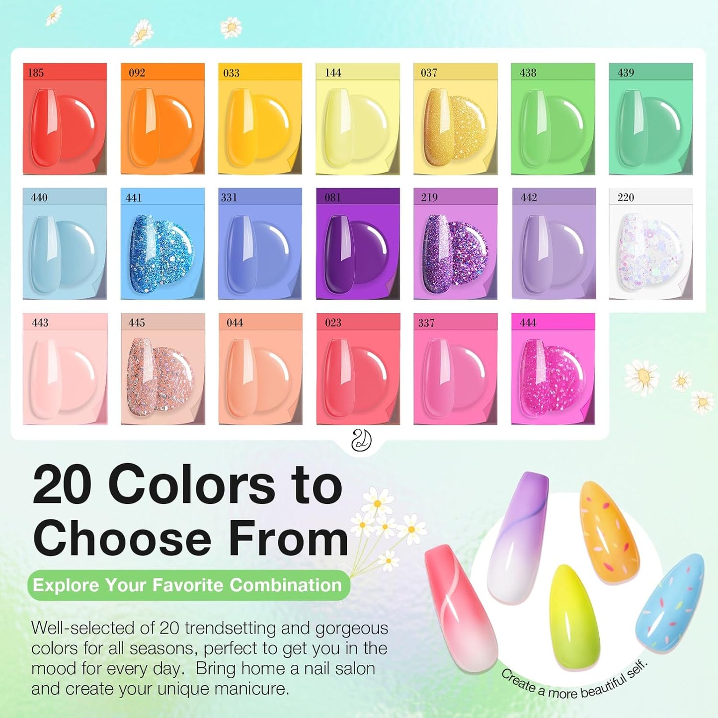 AZUREBEAUTY 31 Pcs Dip Powder Nail Kit Starter, Spring Summer 20 Colors Glitter Neon Pink Blue Green Dipping Powder Liquid Set with Top/Base Coat Activator for French Nail Art Manicure DIY Salon Gift