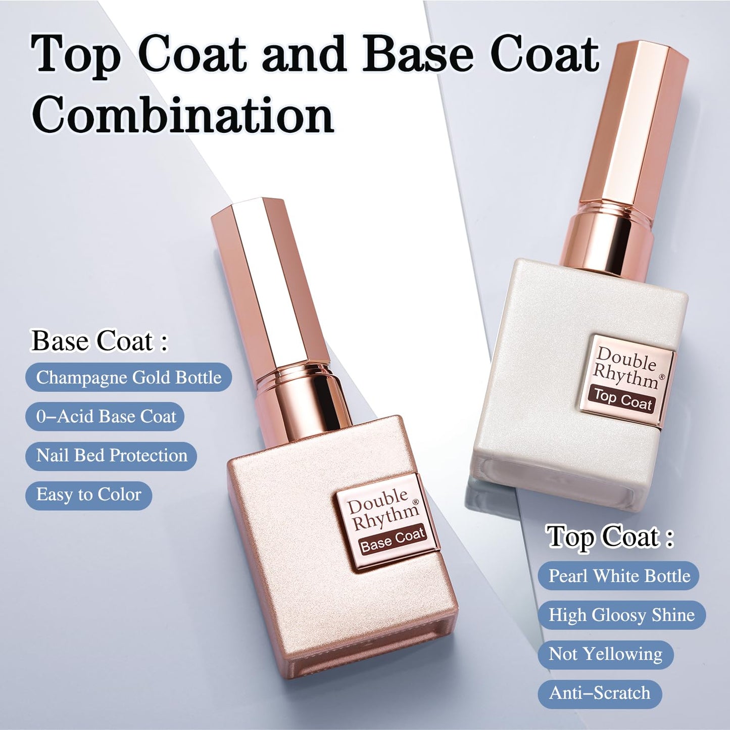 Double Rhythm 2 Pcs 15ML No Wipe Gel Top Coat and Base Coat Set Clear Glossy Gel Polish Kit Soak Off LED (Base and Top Coat)