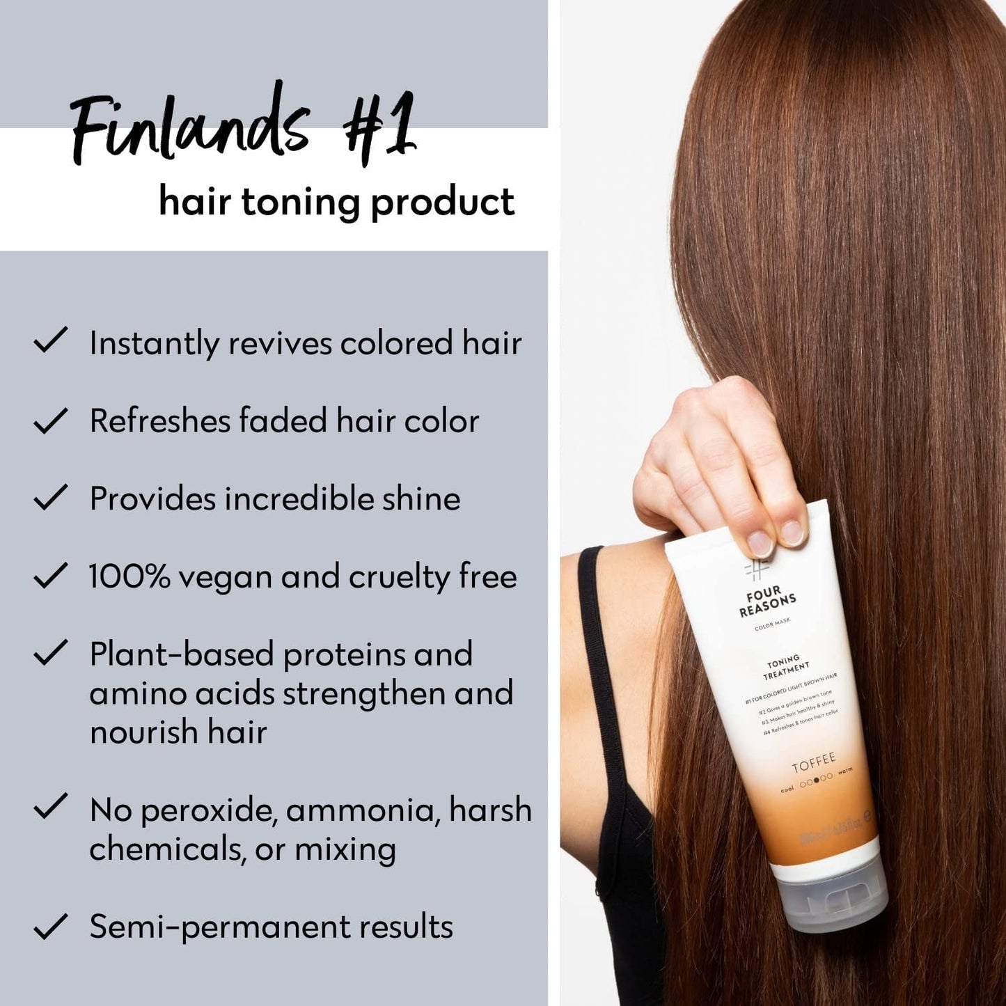 FOUR REASONS Toffee Toning Treatment - Color Depositing Conditioner for Color-Treated Hair - Semi Permanent Hair Toner, Vegan and Cruelty-Free (27 Shades), 6.76 fl oz