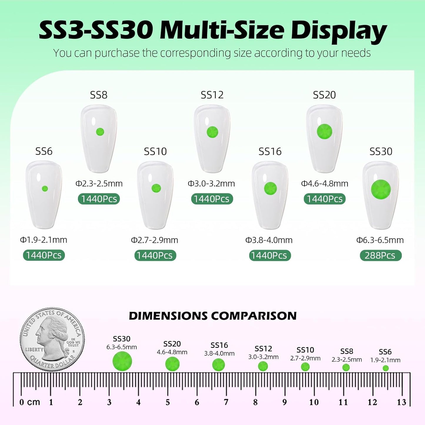 Neon Green Flatback Rhinestones, Glass Rhinestones for Nail Art and Craft, Glue Fix, Loose Crystal Gemstones(Neon Green, SS6, 1440pcs, 1.9-2.0mm)