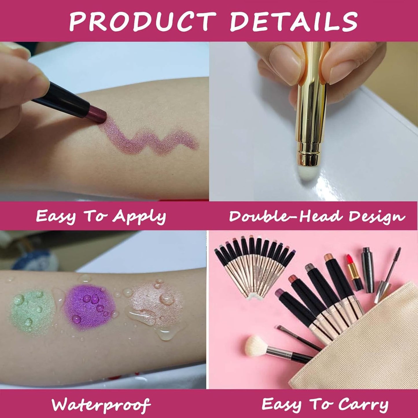 Purple Eyeshadow Stick Makeup, Highlighter Matte Cream Eye Shadow Pencil, Waterproof Hypoallergenic Long Lasting Crayon, Glitter Primer Palette Shimmer Eyeliner Pen wiht Soft Brush