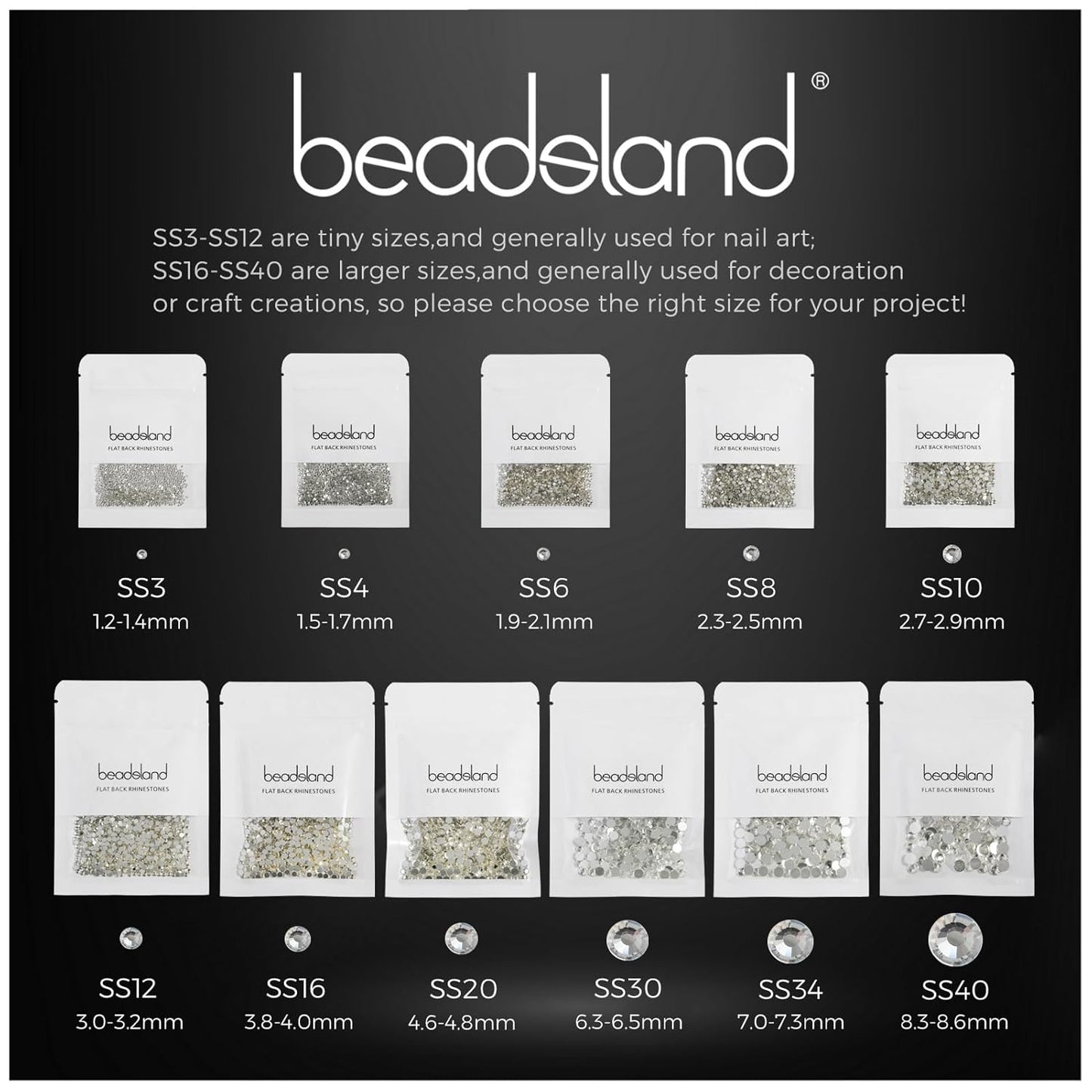 Beadsland 144pcs Flat Back Crystal Rhinestones Round Gems for Nail Art and Craft Glue Fix, Sapphire, SS40, 8.4-8.7mm
