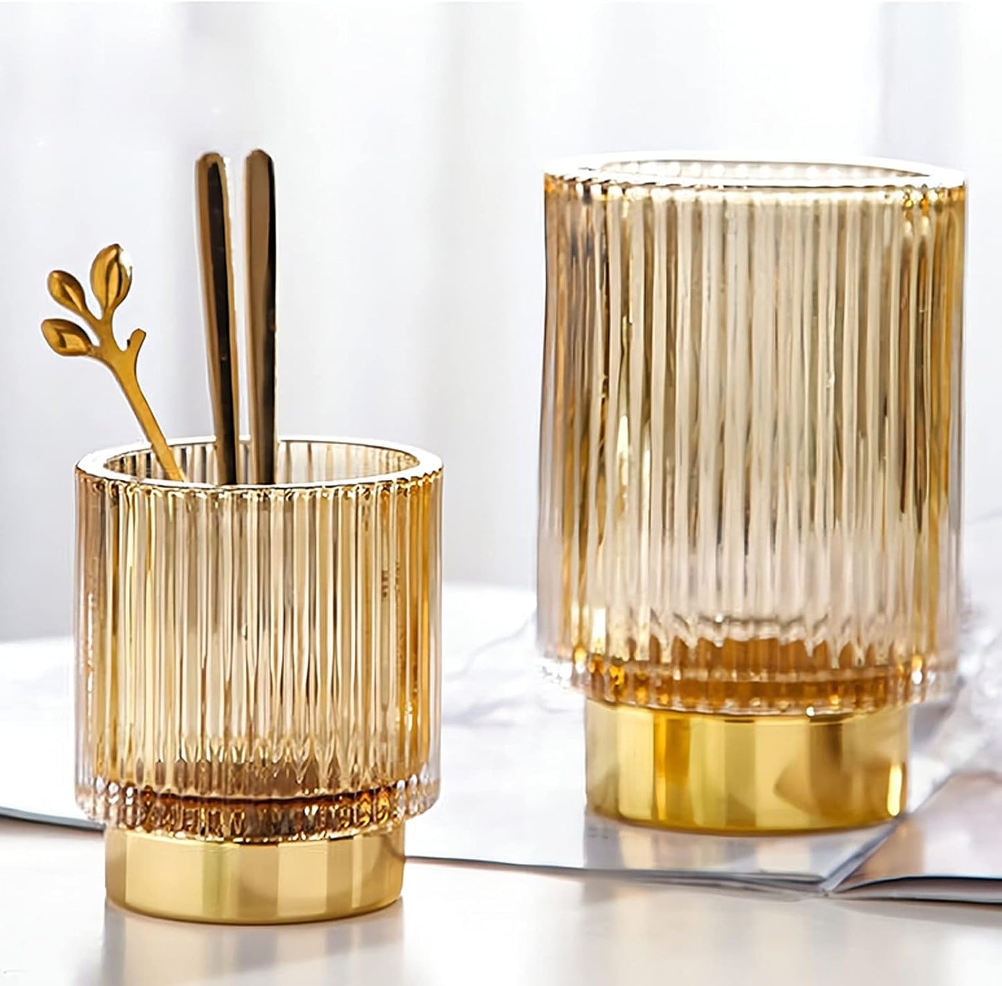 DASITON Makeup Brush holder Organizer,Crystal Cosmetic Makeup Brush Glass Brushes Storage Holder, Vintage Make Up Brush Cup Pen Pencil Holder striped vase(Coffee S＋L)