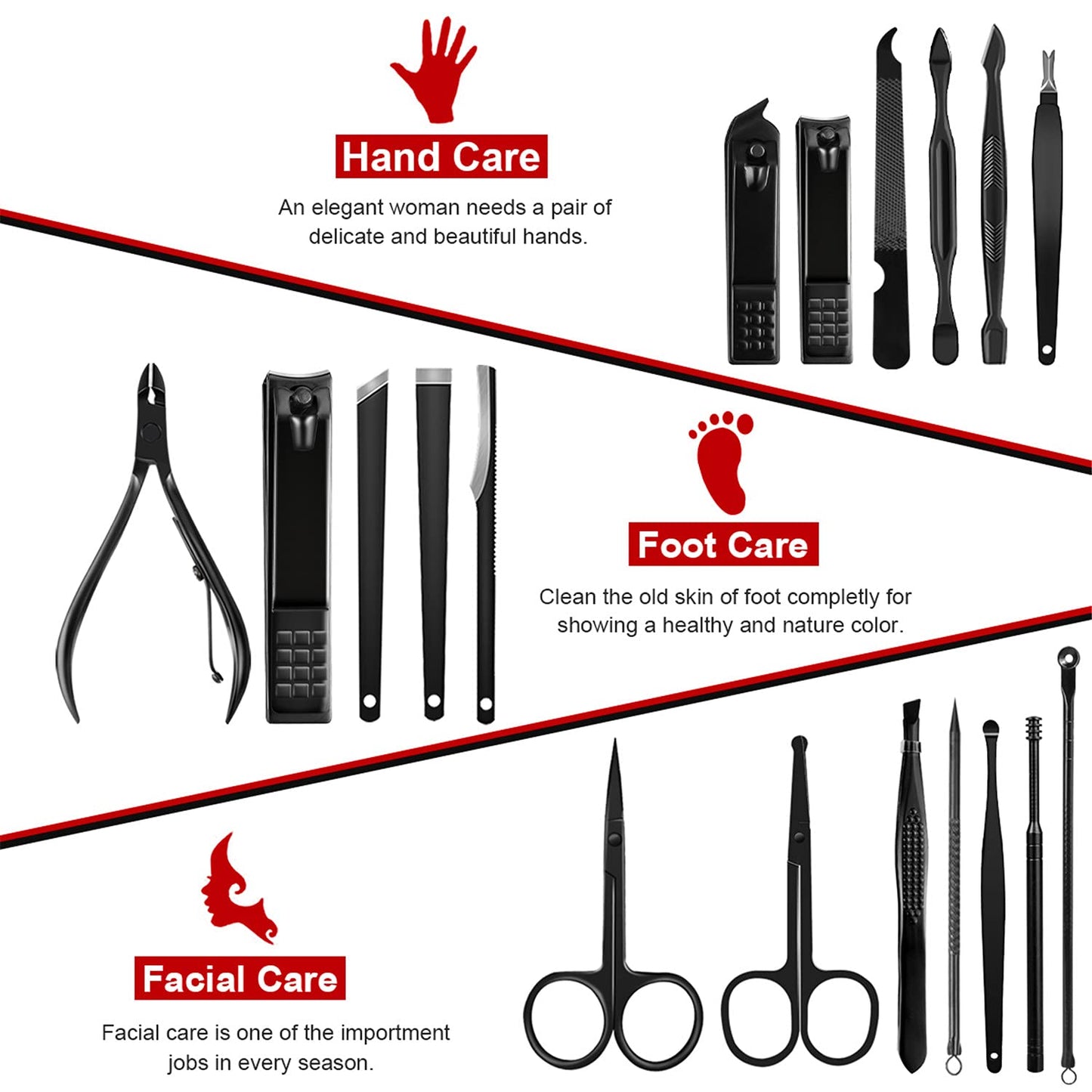 Manicure Set Professional Nail Clippers Kit Pedicure Care Tools- Stainless Steel Women Grooming Kit 18Pcs for Travel or Home (Red)