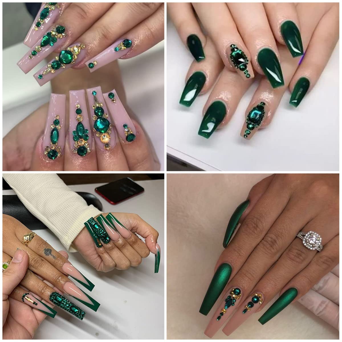 4080Pcs Emerald Green Nail Rhinestones K9 Glass Crystal Flat Back Rhinestones Nail Charms Stones Multi Shapes Big Gems Round Beads Nail Art Diamonds jewels for Nails Face Eyes Makeup Crafts DIY