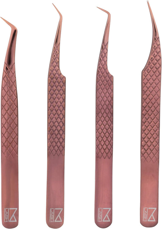 M LASH Eyelash Extension Tweezers (Set of 4) - Professional & Precision Lash Tweezers for Eyelash Extensions - Japanese Steel, Diamond Grip, Fiber Tip V3 (Rose Gold)