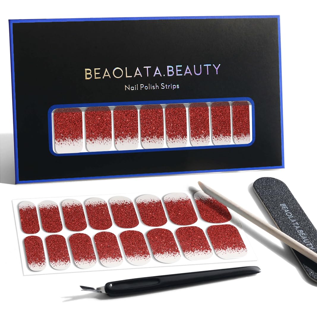 Nail Polish Strips, 32PCS Salon Quality Wraps, Long Lasting Gel Nail Stickers for Women Easy Apply& Remove (Molten Heartbeat Red)