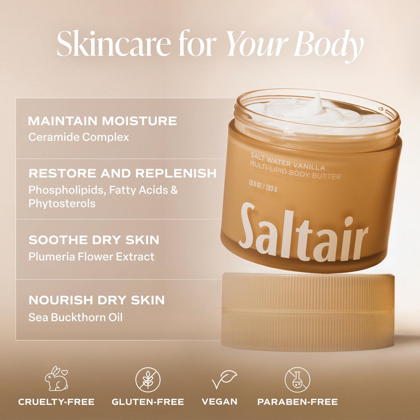 Saltair Multi-Lipid Body Butter - Rich, Nourishing Salt Water Vanilla Hydrating Body Cream with Ceramide Complex, Coconut Oil, and Shea Butter. Deep Moisturizing Dry Skin Care. 10oz Jar