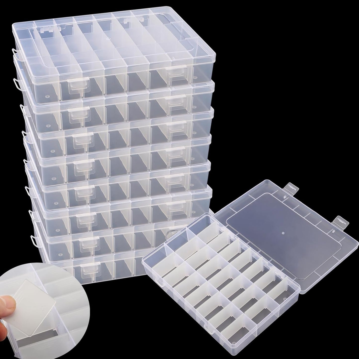 KINJOEK 8 Pack 24 Grids Plastic Bead Organizer Containers Storage, Adjustable Dividers Diamond Jewelry Craft Painting Storage Case, Clear Small Fishing Tackle Box for Sewing Cross Stitch Accessories