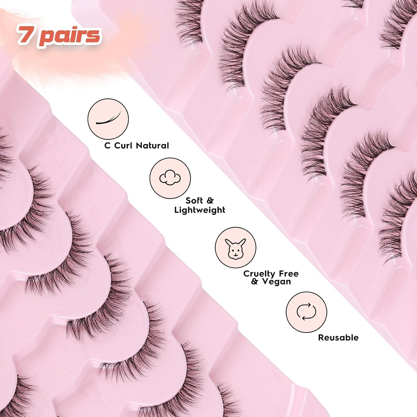 Natural Lashes False 11mm Short Eyelashes Wispy C Curl Eye Lashes Pack with Thin Cotton Band Fake Eyelash 3D Volume For Daily Siligli Lash 7 Pair