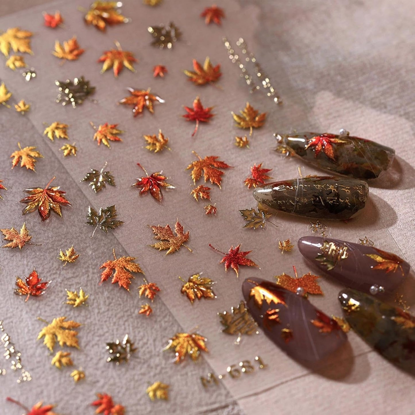 Maple Leaf Nail Stickers Fall Nail Sticker for Nails Art Gold Nail Decals with Jelly Design 5D Embossed Self Adhesive Autumn Nails Charms Decoration for Women Thanksgiving Day Manicure Accessories