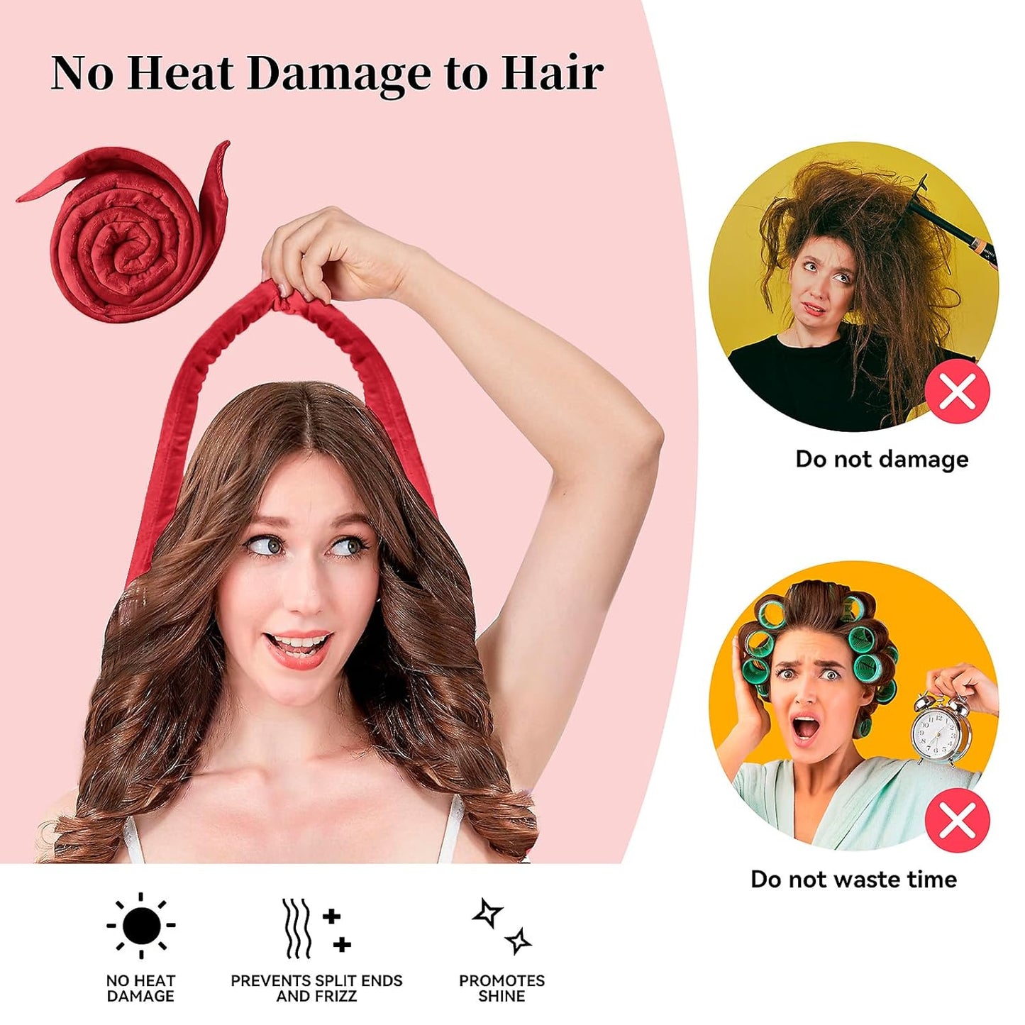 Heatless Curling Rod Headband, Upgraded 60" Extra Long Heatless Curls Headband Soft Hair Curlers to Sleep In Hair Rollers No Heat Curls (Red)