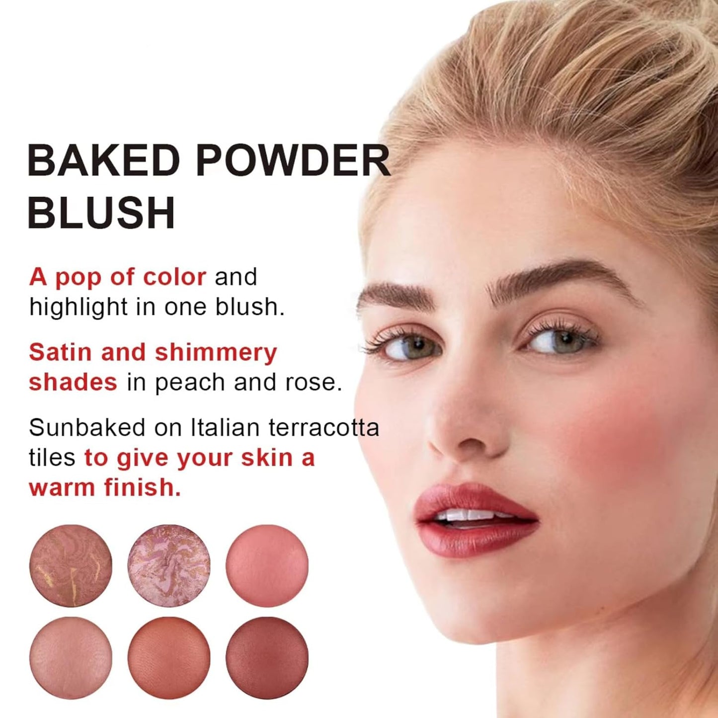 Baked Blush, Marbleized Blush for Cheeks, Shimmery Satin Finish Powder Blushes Palette, Buildable Color Natural Face Makeup Powder