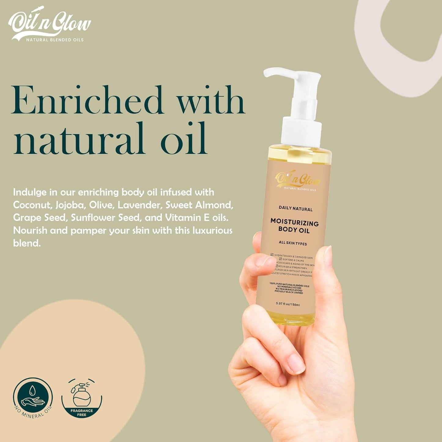 USDA Certified 100% Organic Pure Natural Hydrating Body Oil After Shower With Coconut, Jojoba, Olive & Almond Non-Greasy Moisturizing Oil For Women & Men Dry Skin 5.07 fl oz/150ml - Unscented