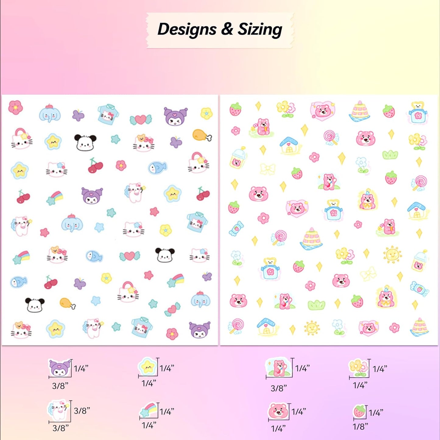 10 Sheets of 3D Nail Stickers - 719 Cute Nail Decals - Embossed Nail Stickers for Kids | Kawaii Theme - Butterfly, Flowers, Cats, Bunny, Stars, Fruits | Glow in The Dark