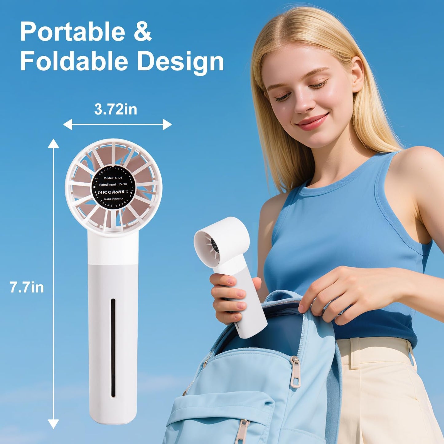 Portable mini spray fan, hand-held rechargeable humidification and water supplement fans, 5-speed, suitable for travel, beach and office use (white)