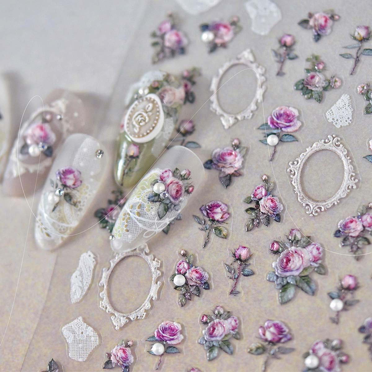 5D Embossed Flower Nail Stickers Pink Rose Nail Art Floral Nail Decals Cute Stickers for Nails Designs Self Adhesive Nail Art Supplies & Decorations for Women Girls 1 Sheet