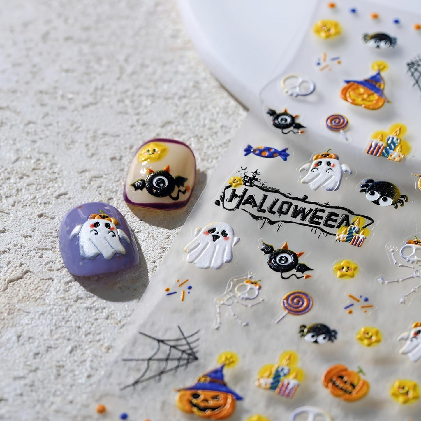 Halloween Nail Stickers for Nail Art Cute Ghost Design 5D Embossed Nail Decals Pumpkin Skull Spider Web Nail Art Stickers Halloween Nail Supplies DIY Manicure for Women Girls