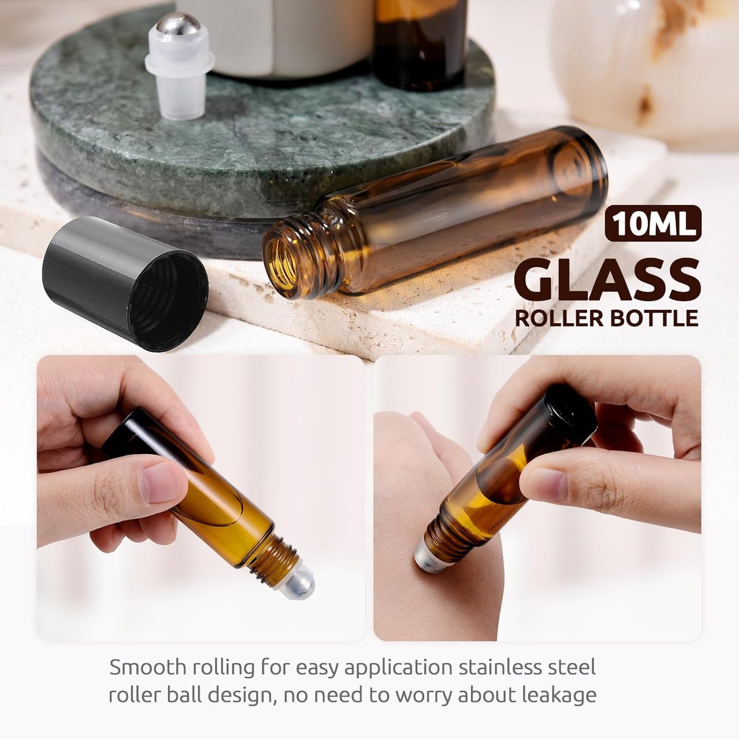 10ml Roller Bottles for Essential Oils, 4 Pack Glass Roller Ball Applicator Stainless Steel, Opener, Pipettes, Funnel, Stickers, Refillable Container for Perfume (Amber & Blue)