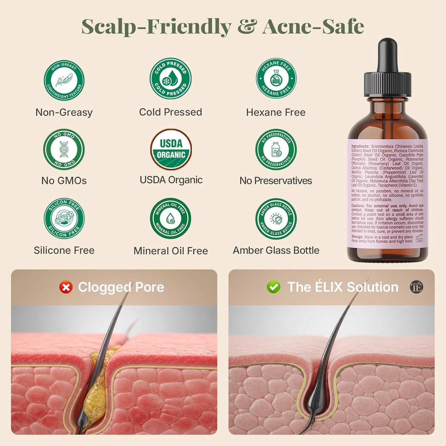 The ÉLIX USDA Organic Rosemary Oil for Hair Growth | Thickening Formula with Castor & Pumpkin Seed | for Hair Loss & Thinning | Made in USA | 4oz