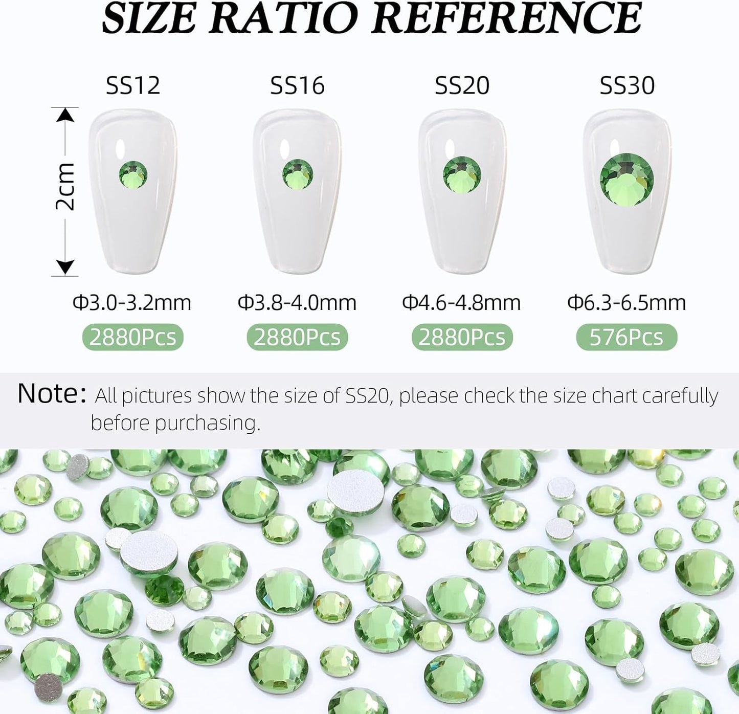 Light Green Flatback Rhinestones, Glass Rhinestones for Nail Art and Craft, Glue Fix, Loose Crystal Gemstones(Lt.Green, SS20, 2880pcs, 4.6-4.8mm)