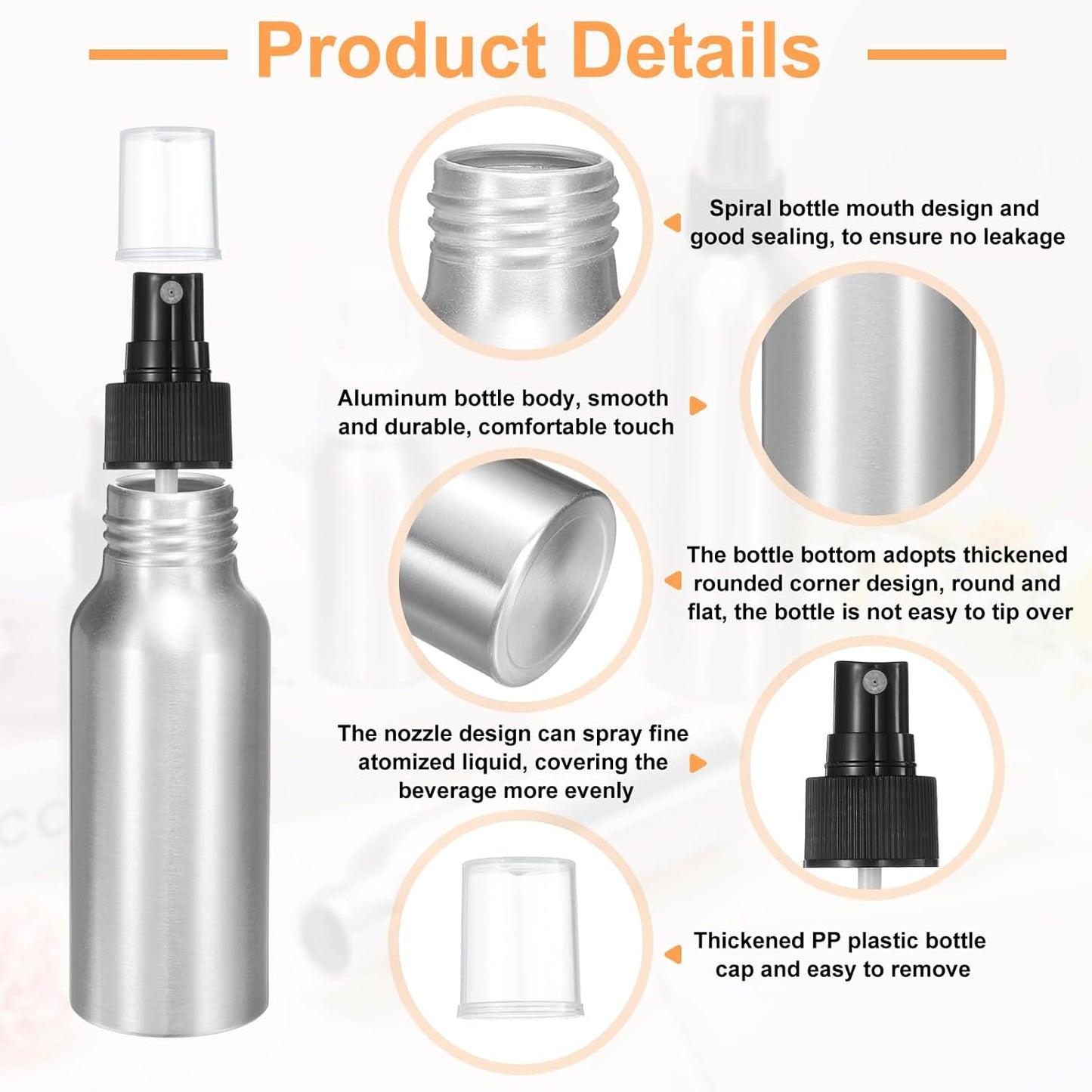 HARFINGTON 3pcs Aluminum Fine Mist Spray Bottles 60ml/2.03oz Metal Small Liquid Alcohol Refillable Travel Container with Black Plastic Nozzle Cap for Perfume Skincare Cosmetic Storage Bottle
