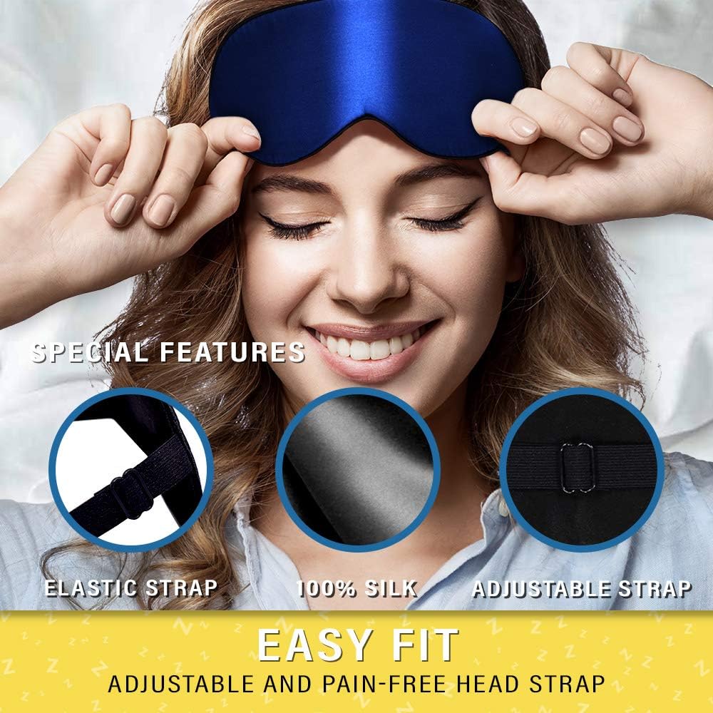 Silk Sleep Eye Mask for Men Women, Comfortable Super Soft Eye Mask with Adjustable Strap, 100% Pure Silk, Blocks Light, Jersey Slumber (Blue, 1 Count (Pack of 1))
