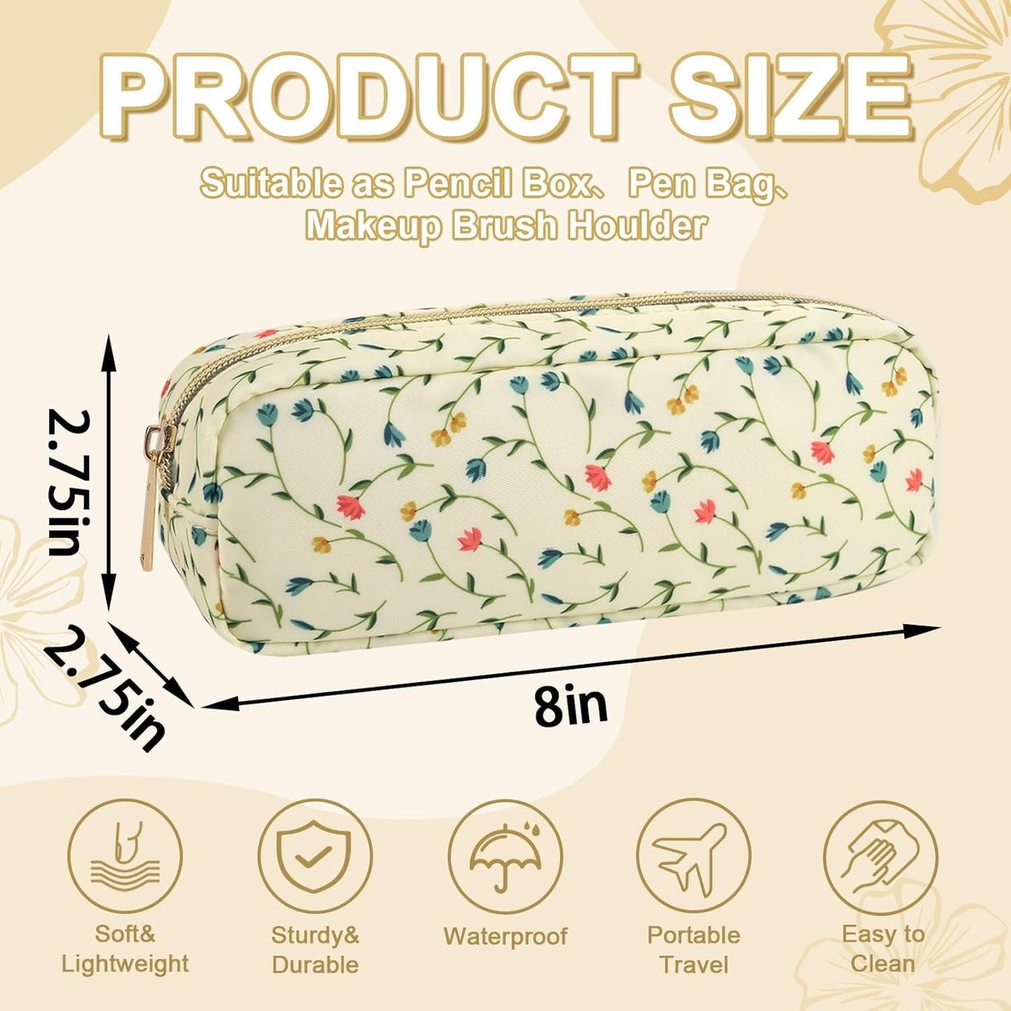 Waterproof Small Floral Pencil Case Makeup Bag for Purse,Cute Flower Pencil Pouch Preppy Nylon Makeup Brush Holder with Zipper,Girls Portable Storage Case Pen Bag for Work(Slim Light Yellow-Flowers)