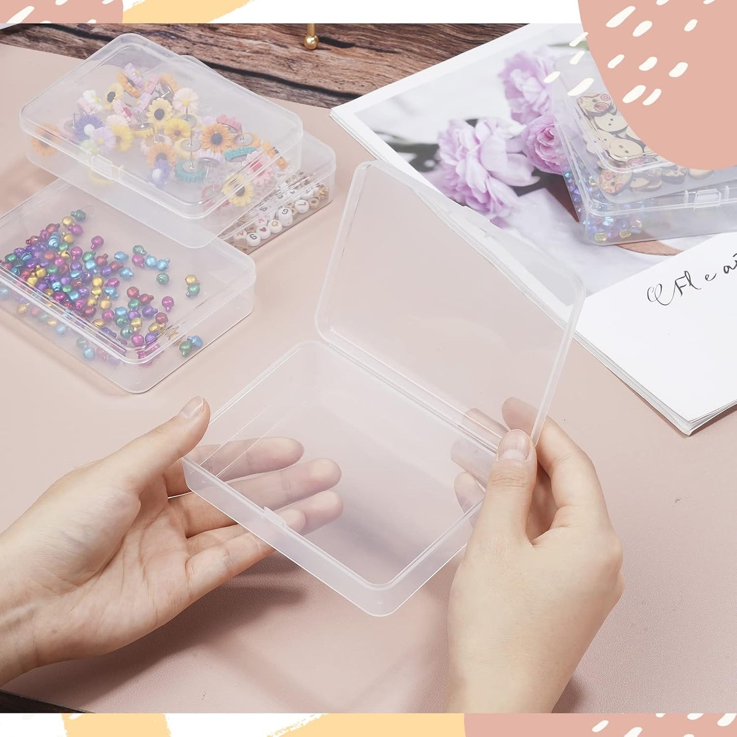 ISKYBOB 6 Packs Rectangle Small Clear Plastic Storage Containers Box Case with Hinged Lid Crafts Organizer for Crayon, Bobby Pin, Beads (4.5 x 3.4in)